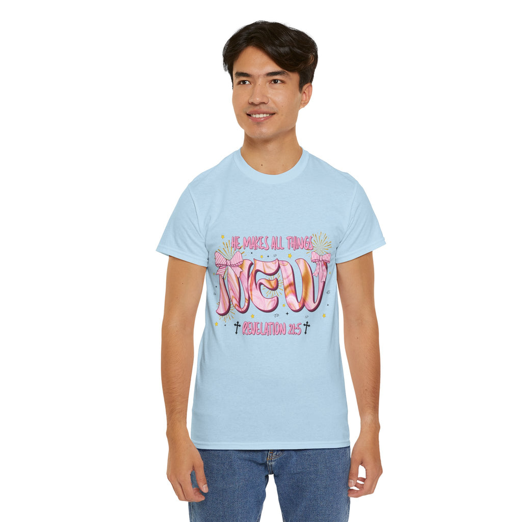 Christian Marble Tee — “He Makes All Things New” (Revelation 21:5)... Unisex Cotton Tee