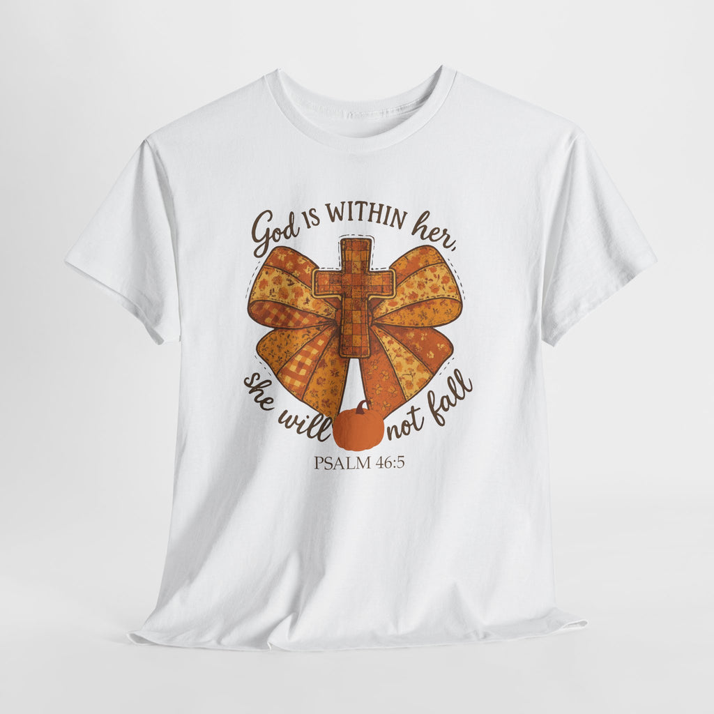 Psalm 46:5 Cross Patchwork Tee — Fall Bow Christian Unisex Cotton T-Shirt