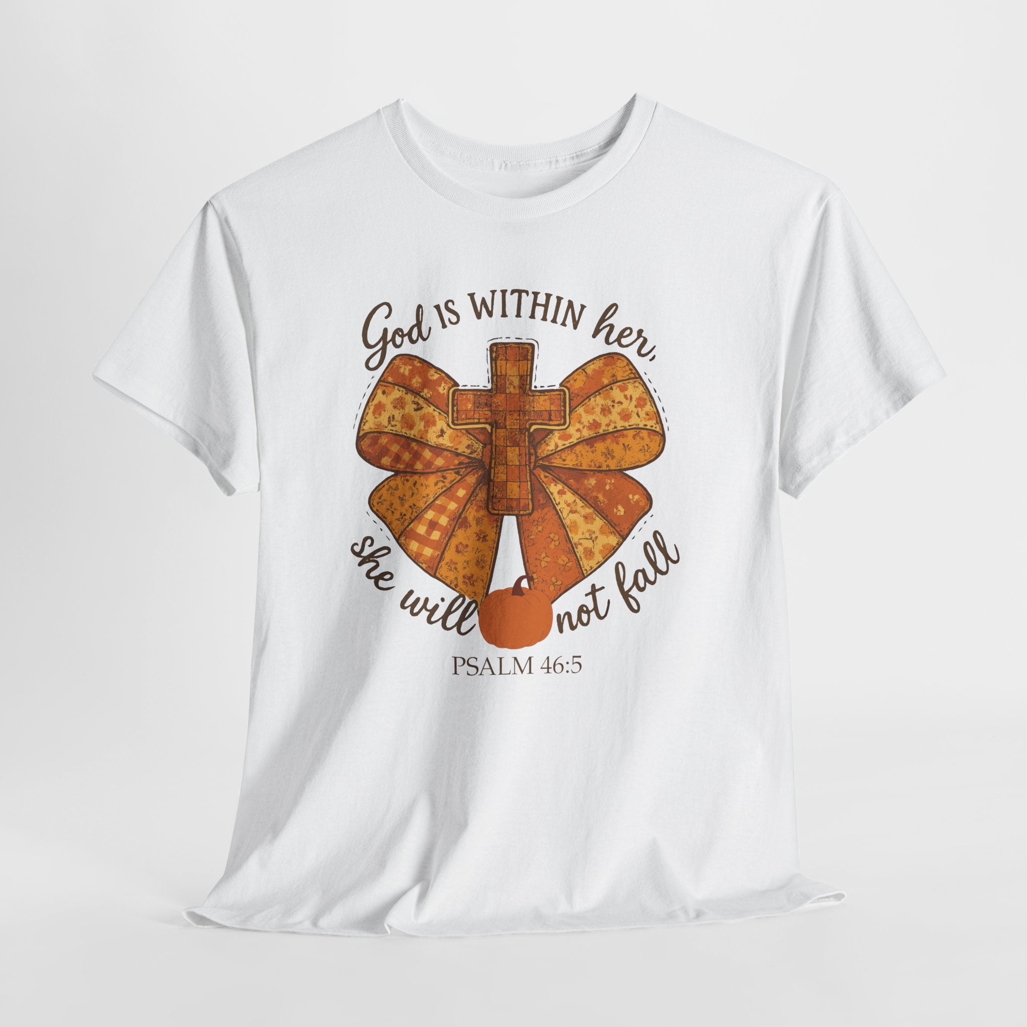 Psalm 46:5 Cross Patchwork Tee — Fall Bow Christian Unisex Cotton T-Shirt