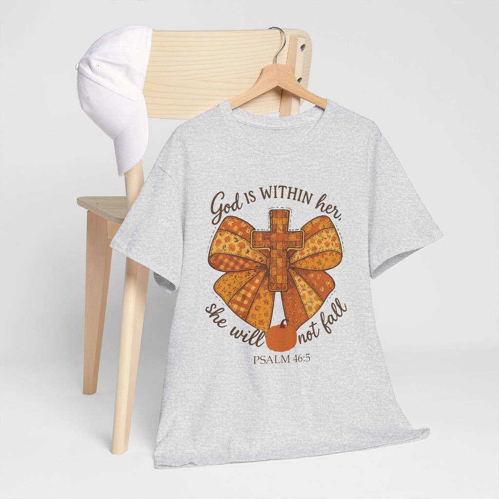 Psalm 46:5 Cross Patchwork Tee — Fall Bow Christian Unisex Cotton T-Shirt