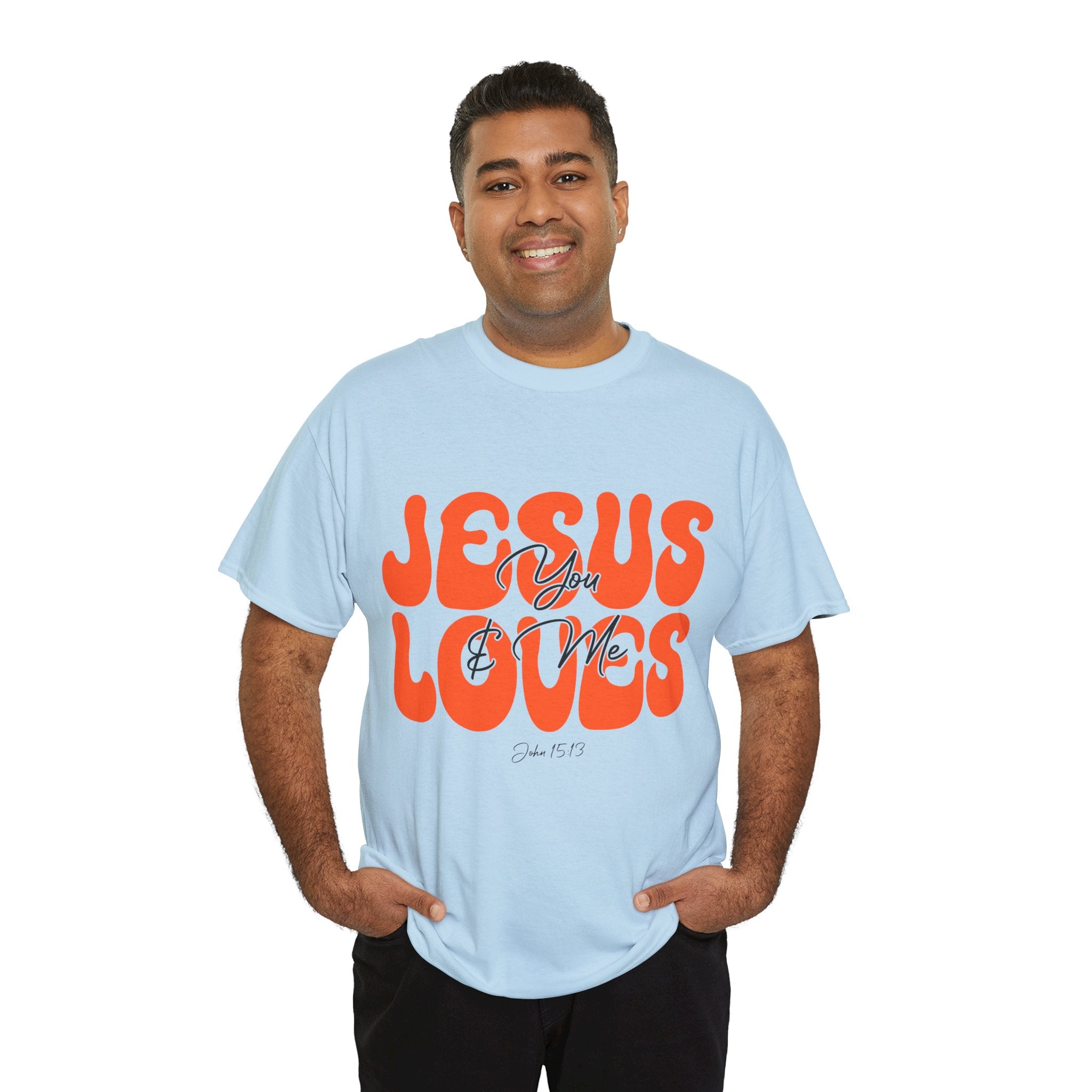 Jesus Loves You & Me Retro Tee — Playful Orange Bubbly Christian Unisex Cotton T-Shirt