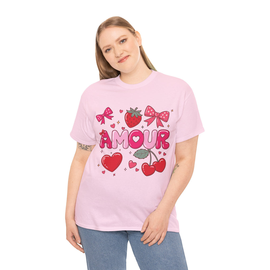 Amour Pink Hearts Tee — Shiny Lettering with Bows, Cherries & Strawberry Accent...Unisex Cotton Tee
