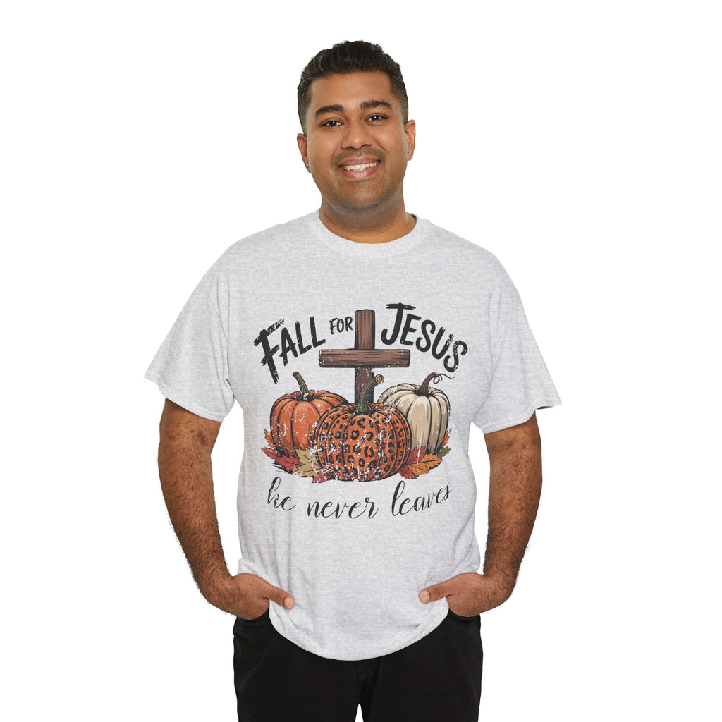 Fall for Jesus Pumpkin Cross Tee — "He Never Leaves" Autumn Christian Unisex Cotton T-Shirt