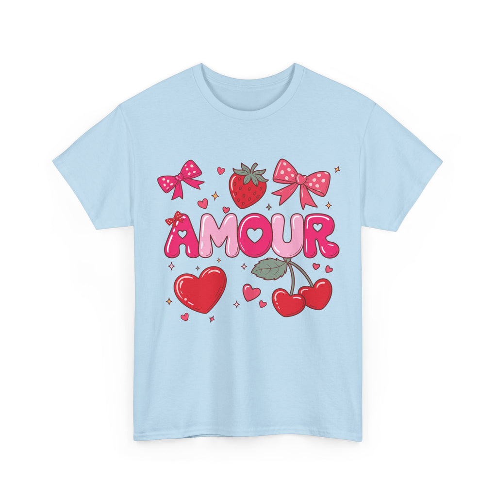Amour Pink Hearts Tee — Shiny Lettering with Bows, Cherries & Strawberry Accent...Unisex Cotton Tee