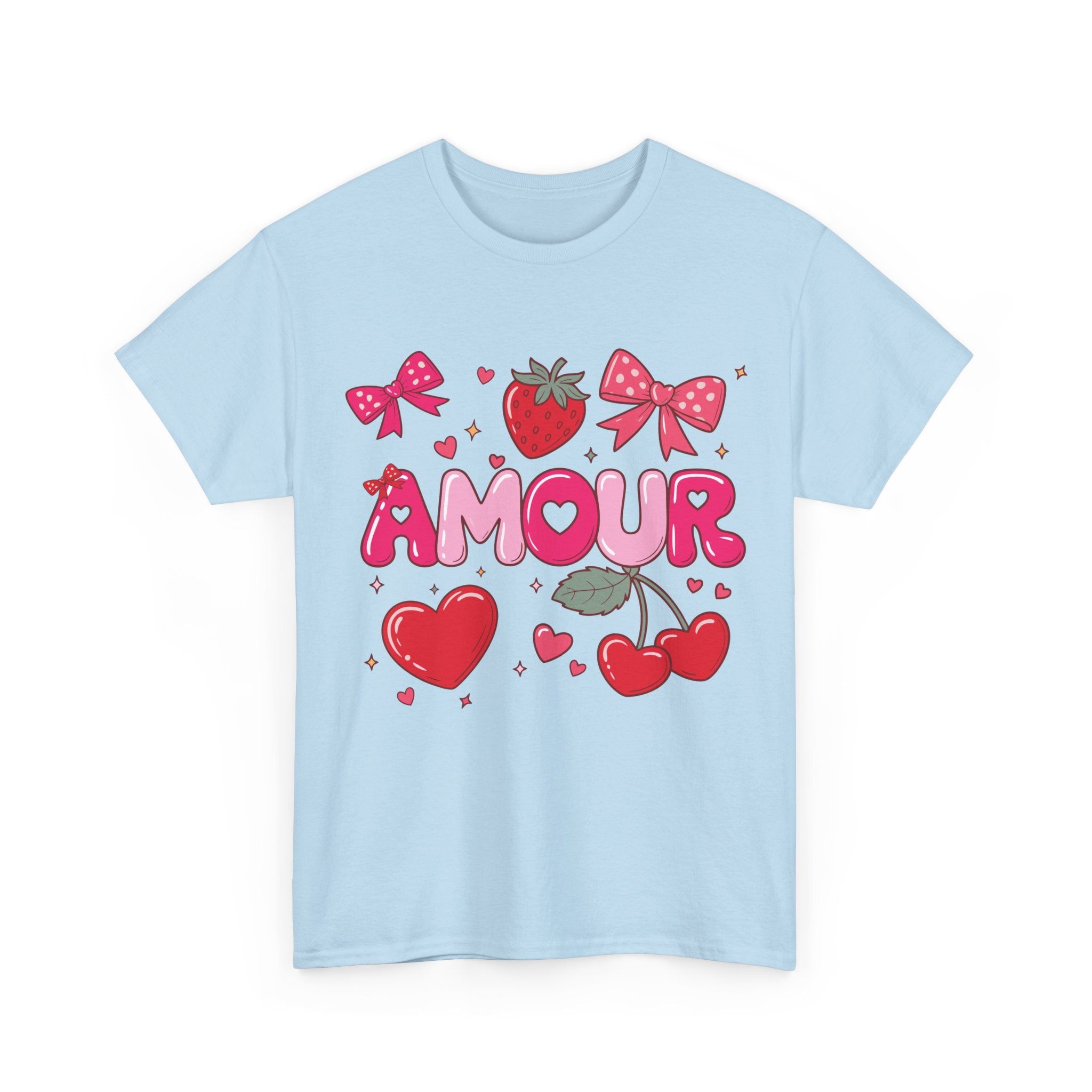 Amour Pink Hearts Tee — Shiny Lettering with Bows, Cherries & Strawberry Accent...Unisex Cotton Tee