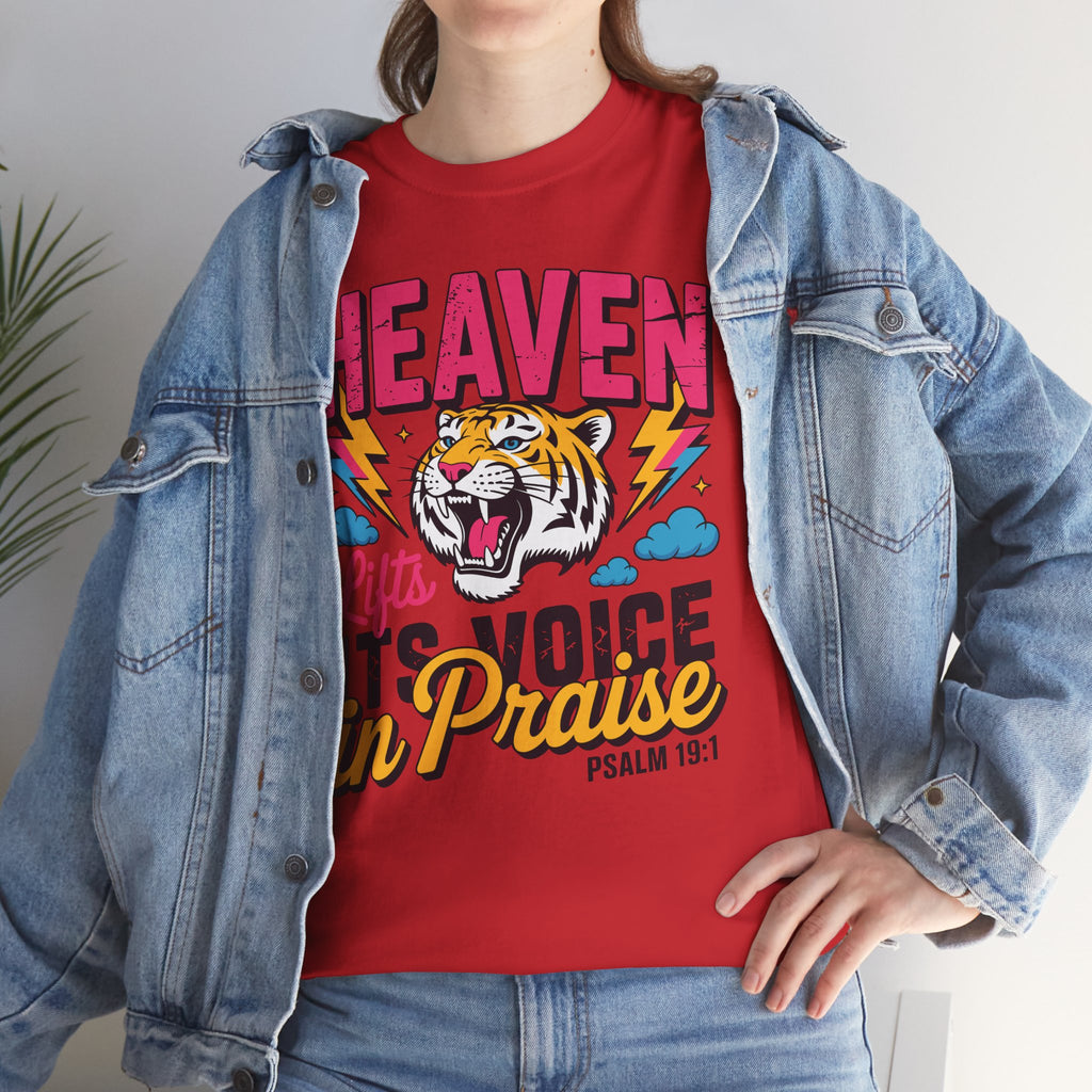 Psalm 19:1 Tiger Praise T-Shirt — Bold Christian Roaring Tiger Graphic.Unisex Cotton Tee