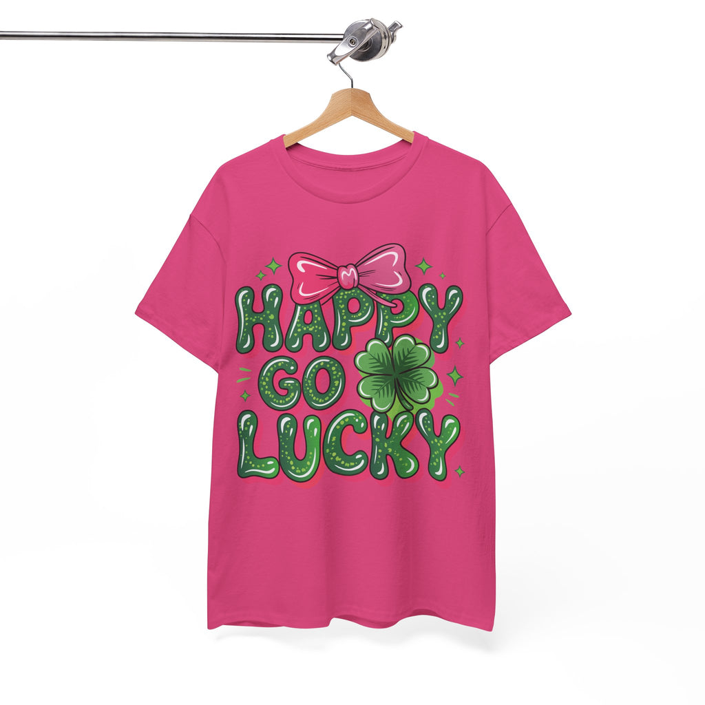 Happy Go Lucky Four-Leaf Clover Tee — Glossy Green Letters & Pink Bow Unisex Cotton Tee