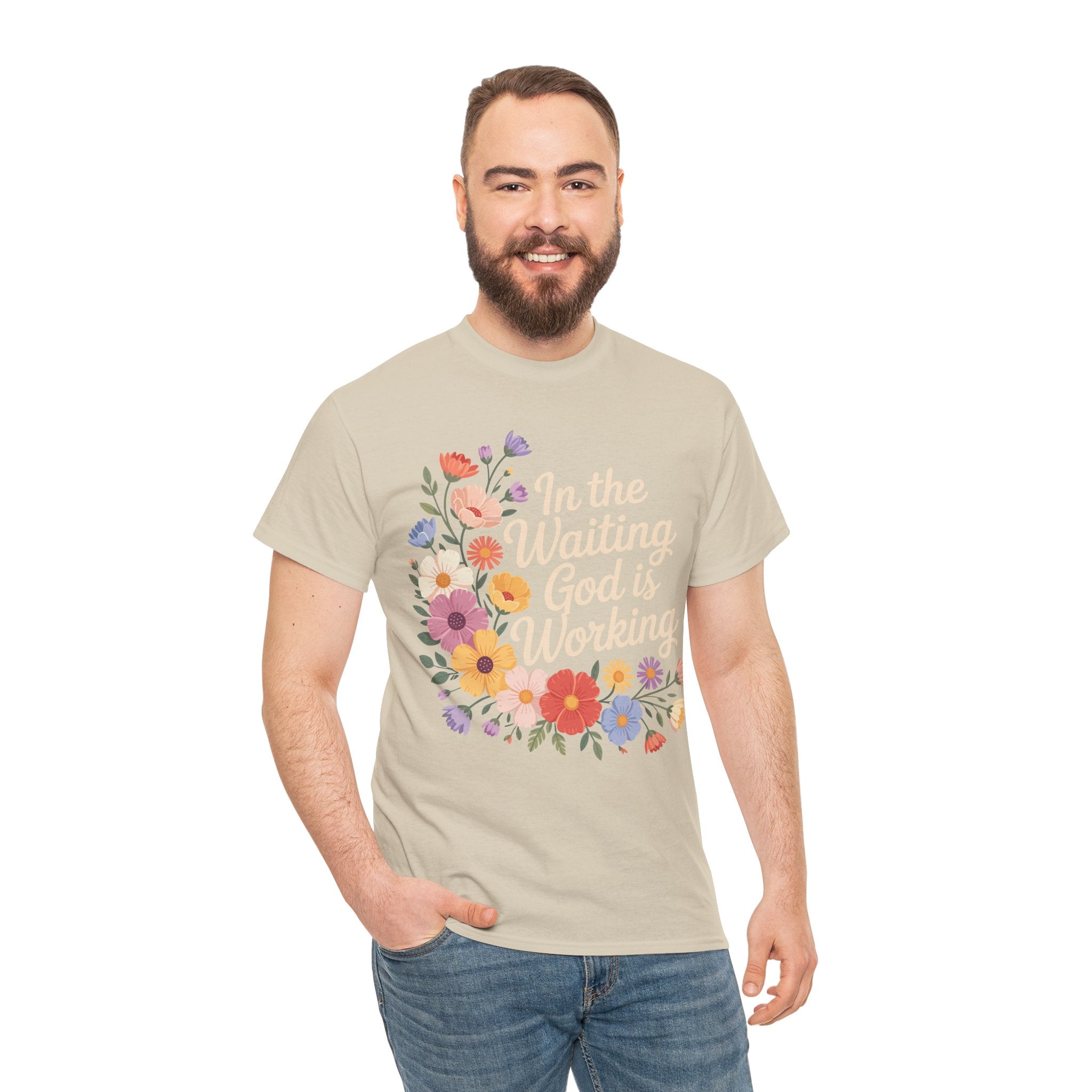 Pastel Floral “In the Waiting God Is Working” Unisex Cotton T-Shirt