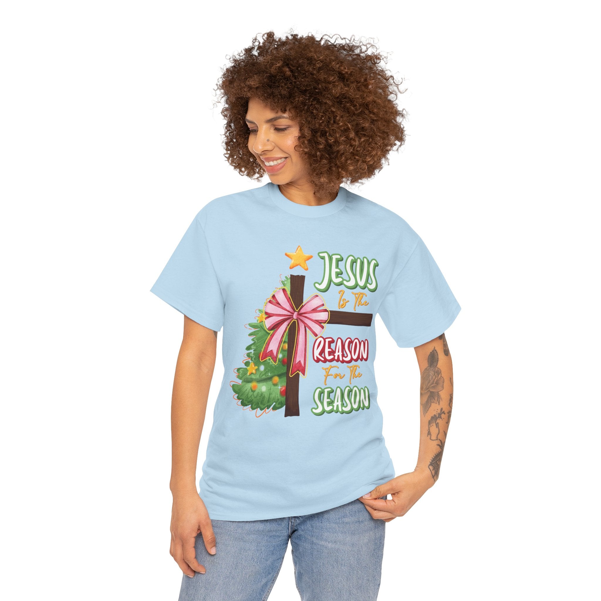 Jesus Is the Reason for the Season Christmas Tee — Cross with Pink Bow & Tree. Unisex Cotton Tee