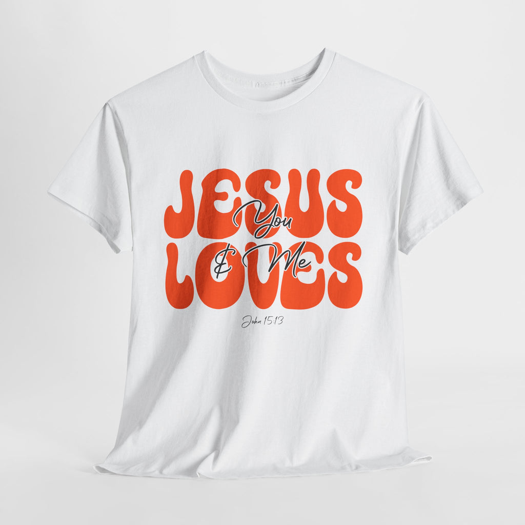 Jesus Loves You & Me Retro Tee — Playful Orange Bubbly Christian Unisex Cotton T-Shirt