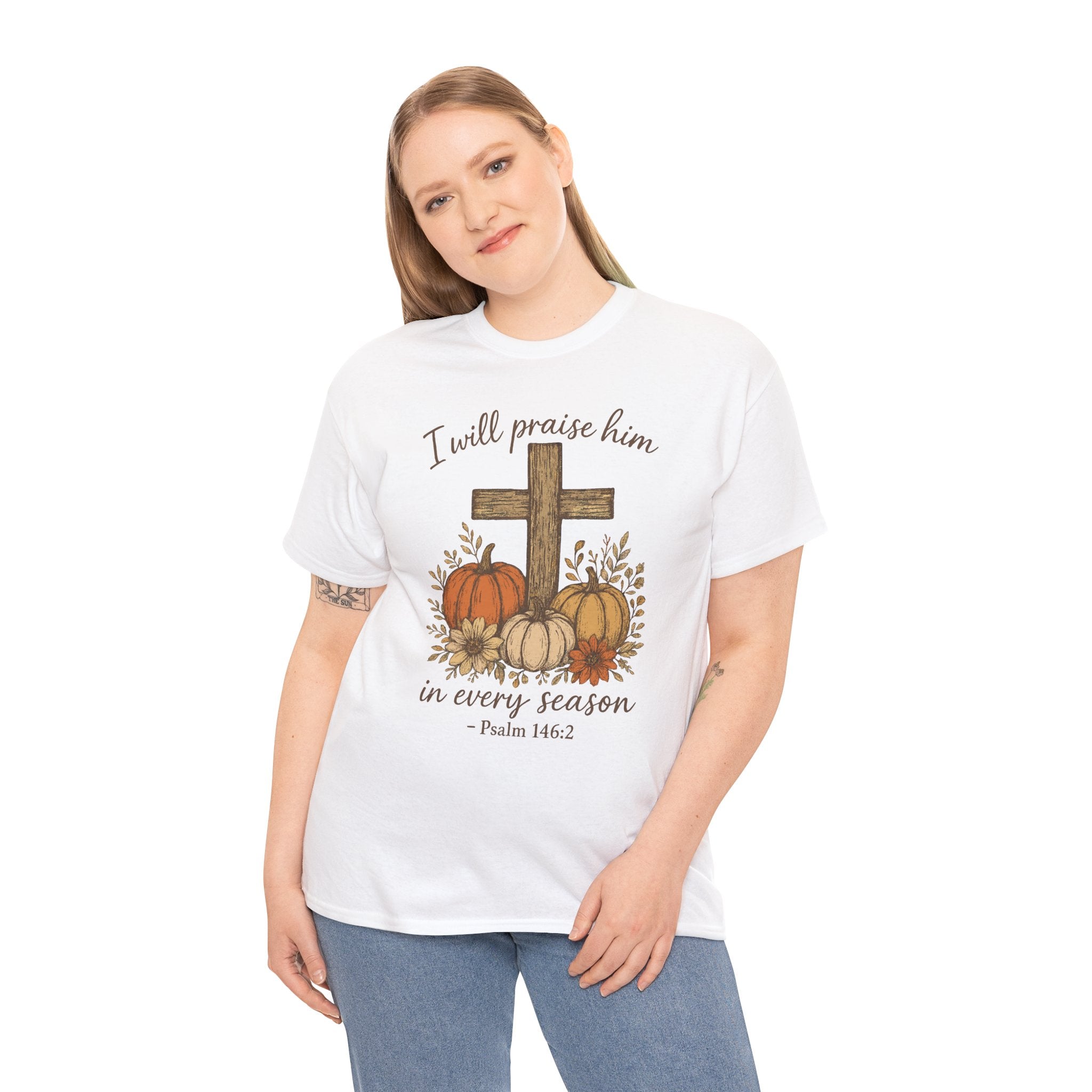 Psalm 146:2 Pumpkin Cross T-Shirt — I Will Praise Him in Every Season. Unisex Cotton Tee