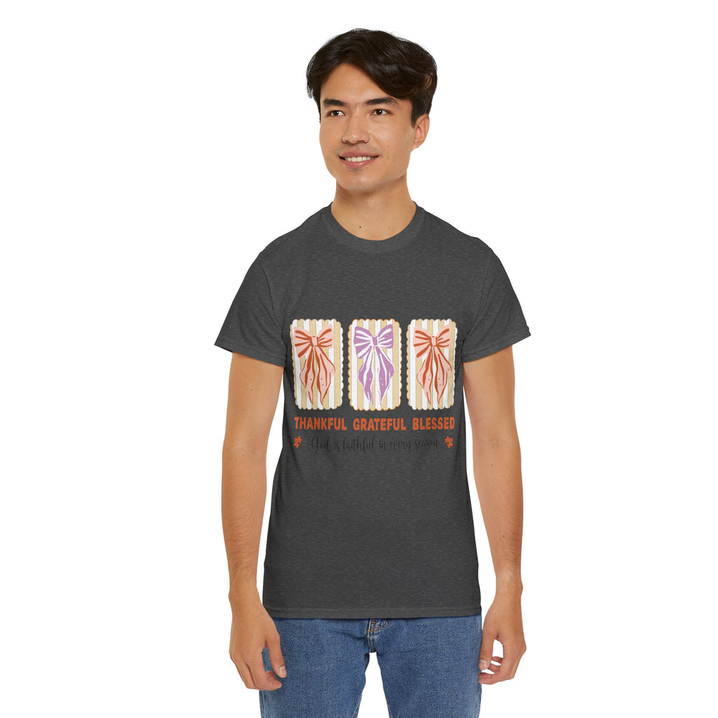 Thankful Grateful Blessed Fall Tee — God Is Faithful Pastel Bows..Unisex Cotton Tee