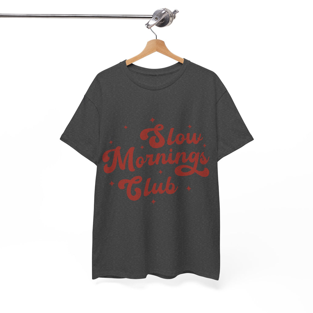 Slow Mornings Club T-Shirt — Retro Red Sparkle Unisex Cotton Tee