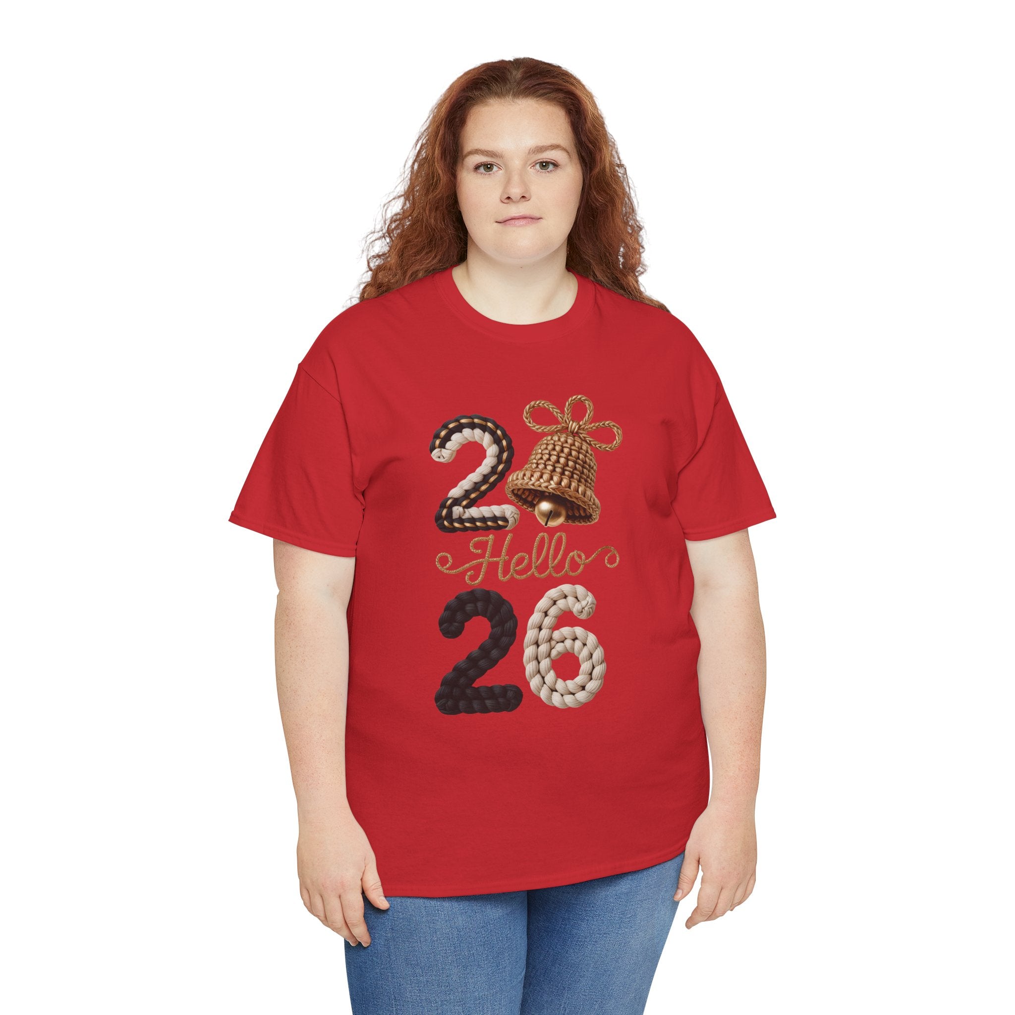 Hello 2026 Tee — Cozy Faux Yarn Braided Numbers with Woven Golden Bell..Unisex Cotton Tee