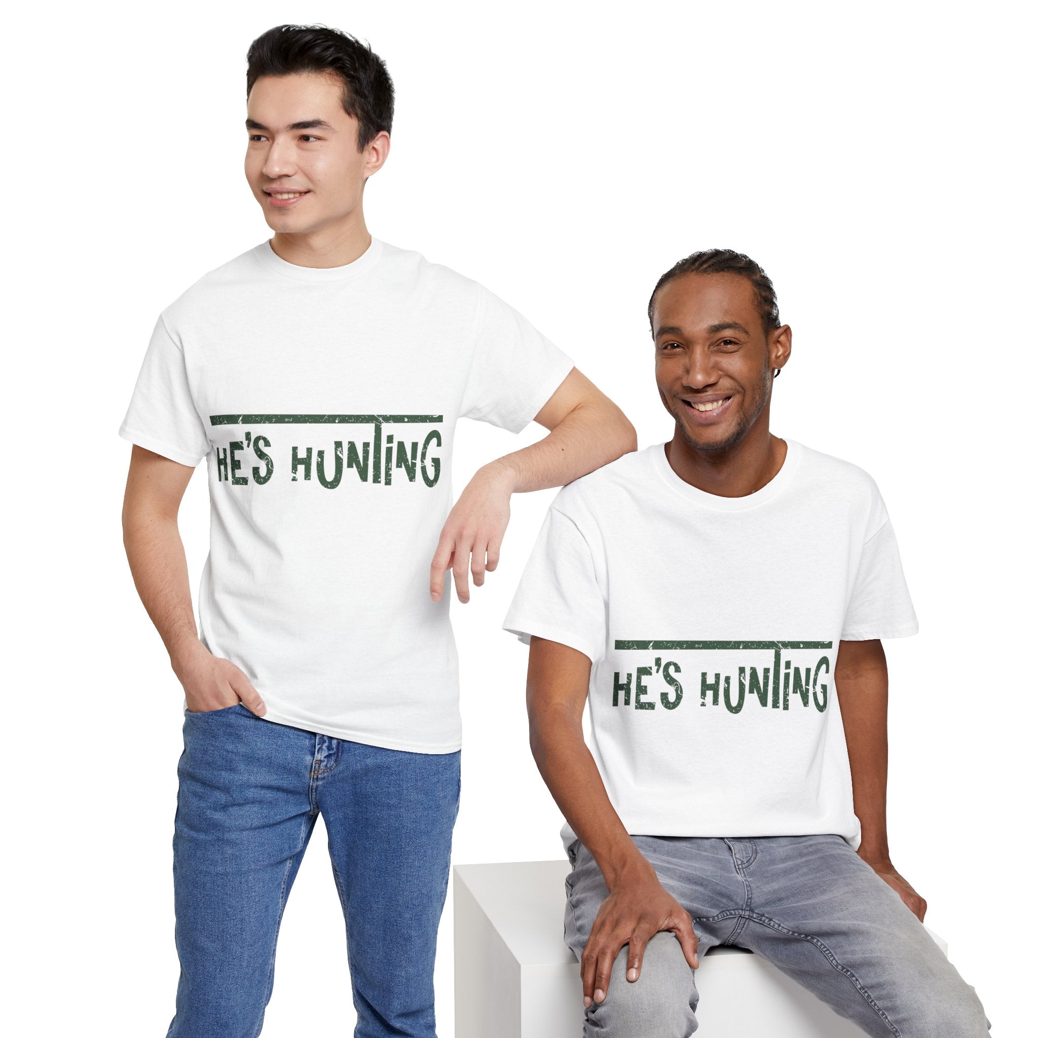 He’s Hunting Distressed Tee — Minimalist Tan Hunting Unisex Cotton Tshirt