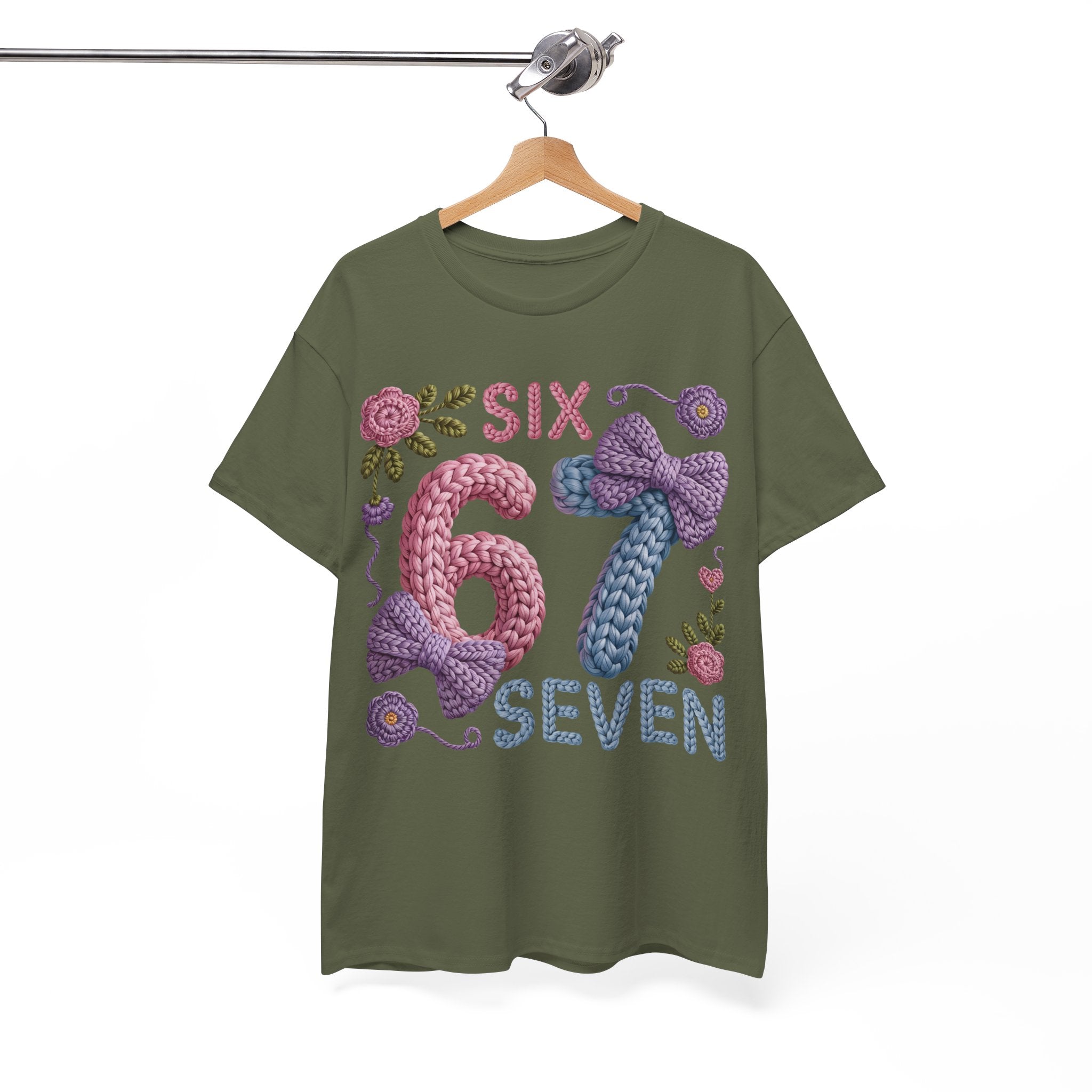 Pastel Crochet Numbers 6 & 7 Tee — Faux-Yarn Bows & Flowers. Unisex Cotton Tee