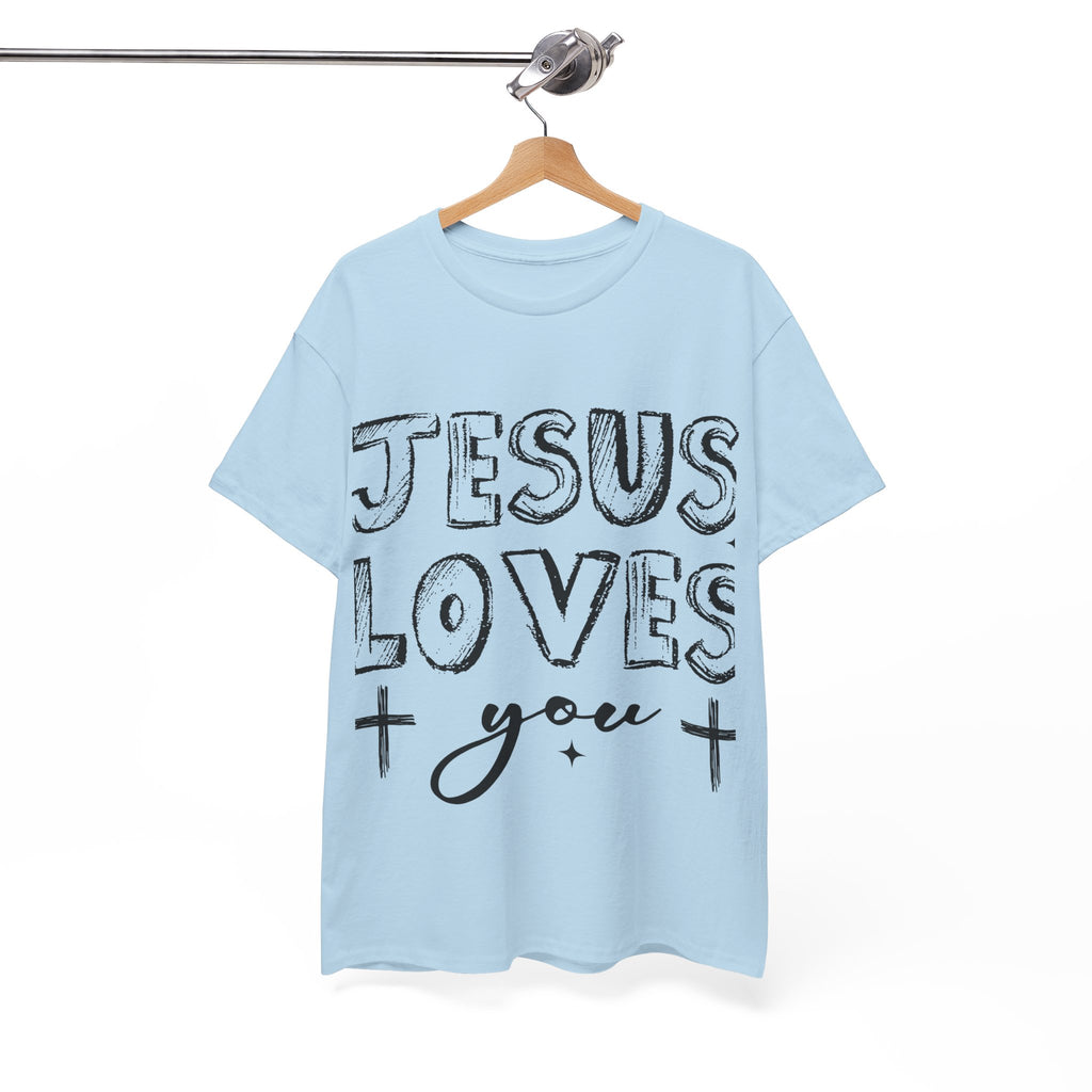 Jesus Loves You Chalk-Style Tee — Crosses & Stars Christian UNisex Cotton T-Shirt