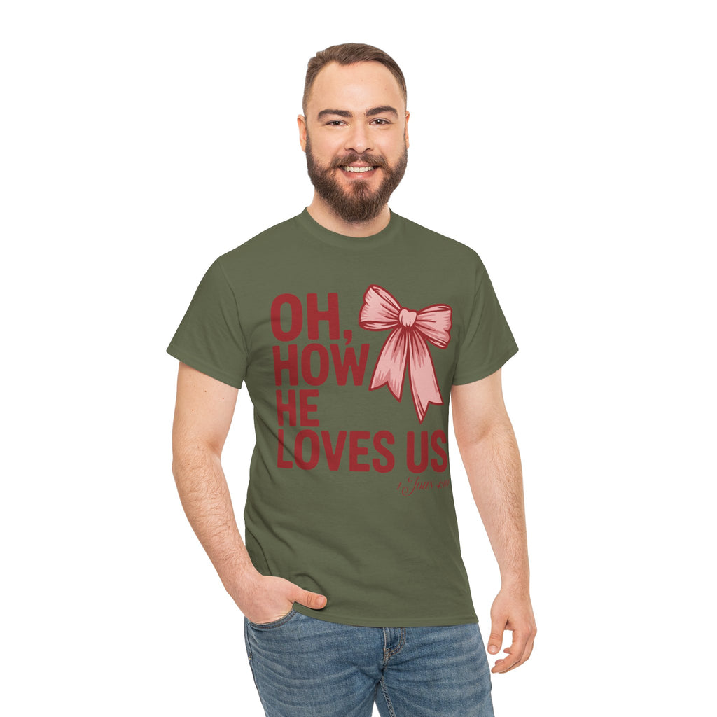Oh, How He Loves Us Christian Valentine Tee — 1 John 4:10 Red & Pink Unisex Cotton Tee
