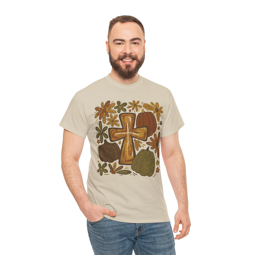 Autumn Cross Tee — Rustic Pumpkin & Fall Floral Christian Unisaex Cotton T-Shirt