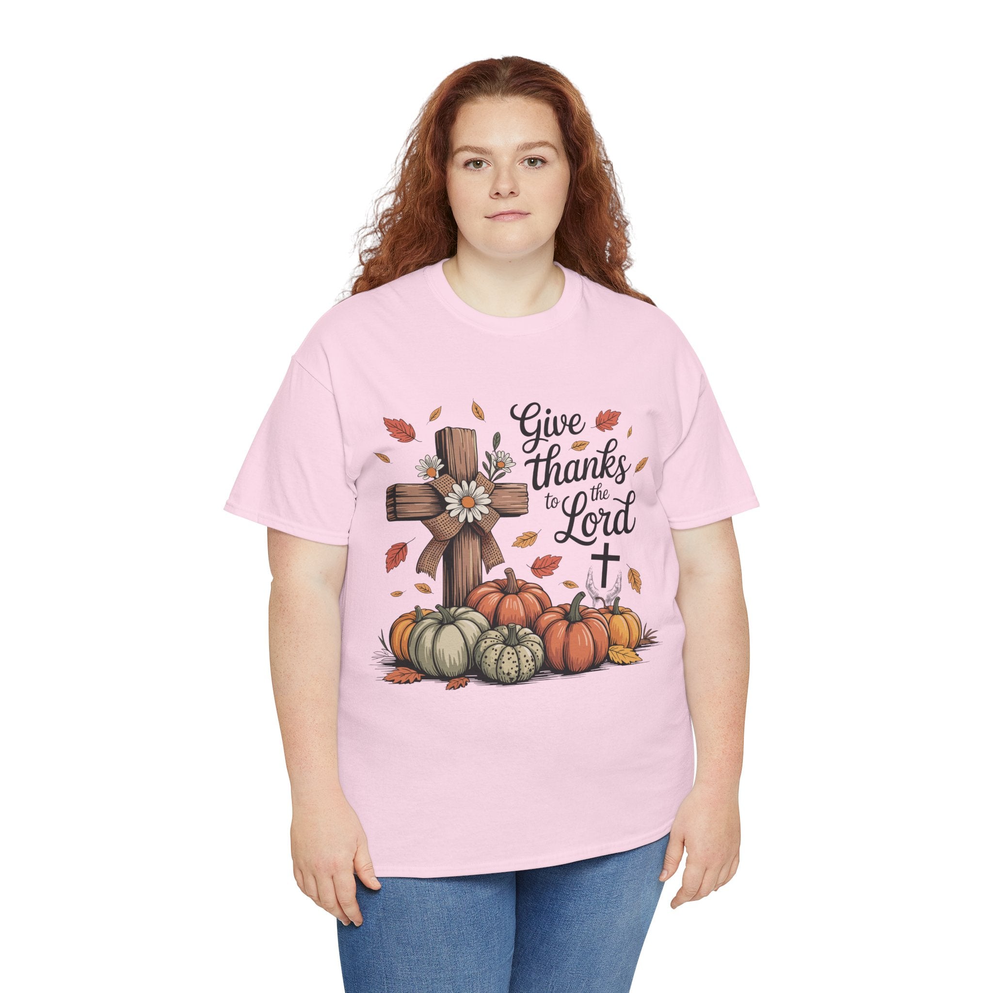Give Thanks to the Lord Autumn Tee — Wooden Cross, Pumpkins & Daisies..Unisex Cotton Tee