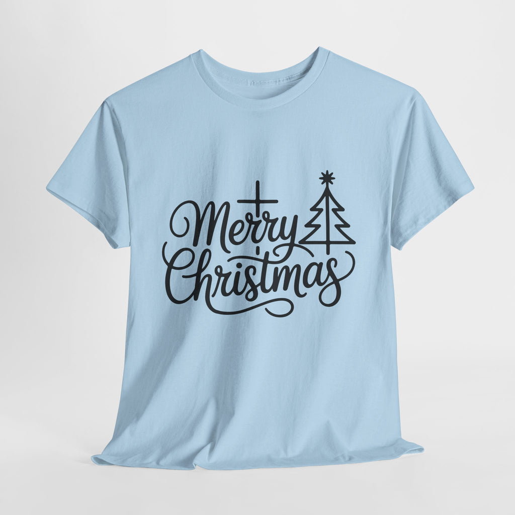 Merry Christmas Script T-Shirt with Cross & Tree(Unisex Cotton Tee)