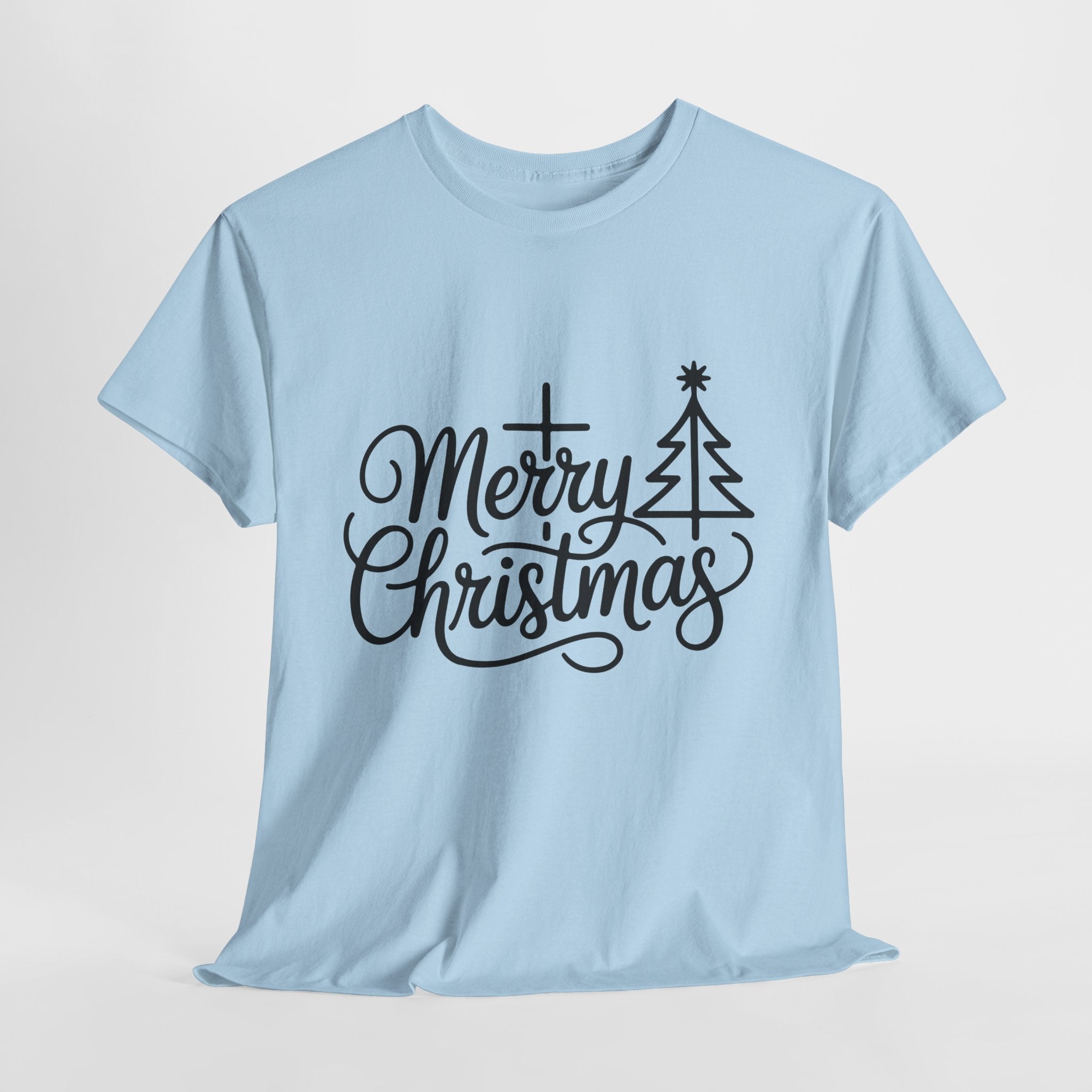 Merry Christmas Script T-Shirt with Cross & Tree(Unisex Cotton Tee)