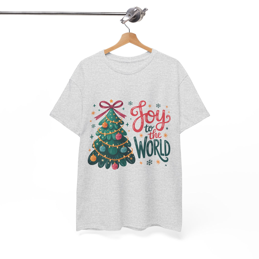 Joy to the World Christmas Tee — Festive Tree with Pink Bow..Unisex Cotton Tee