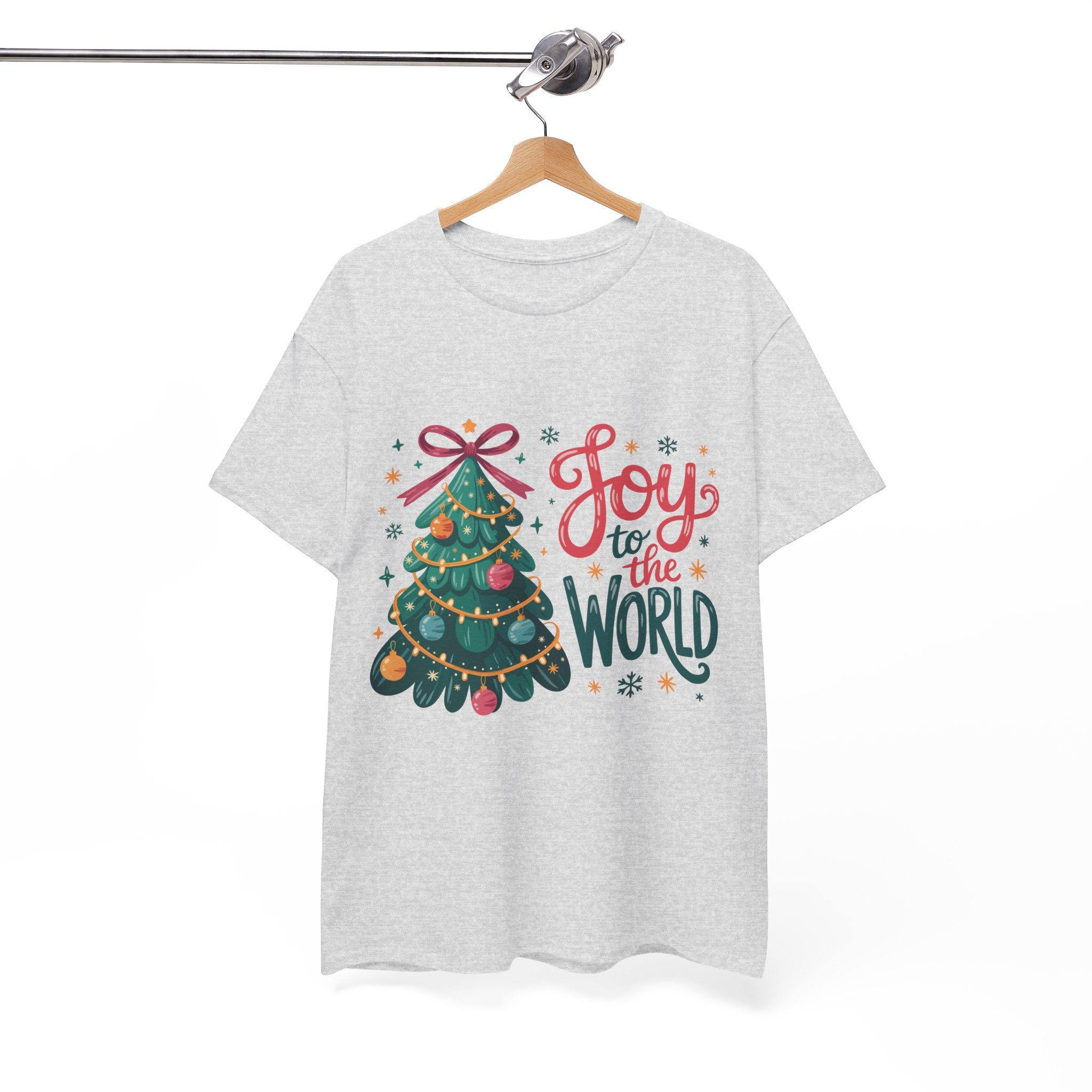 Joy to the World Christmas Tee — Festive Tree with Pink Bow..Unisex Cotton Tee