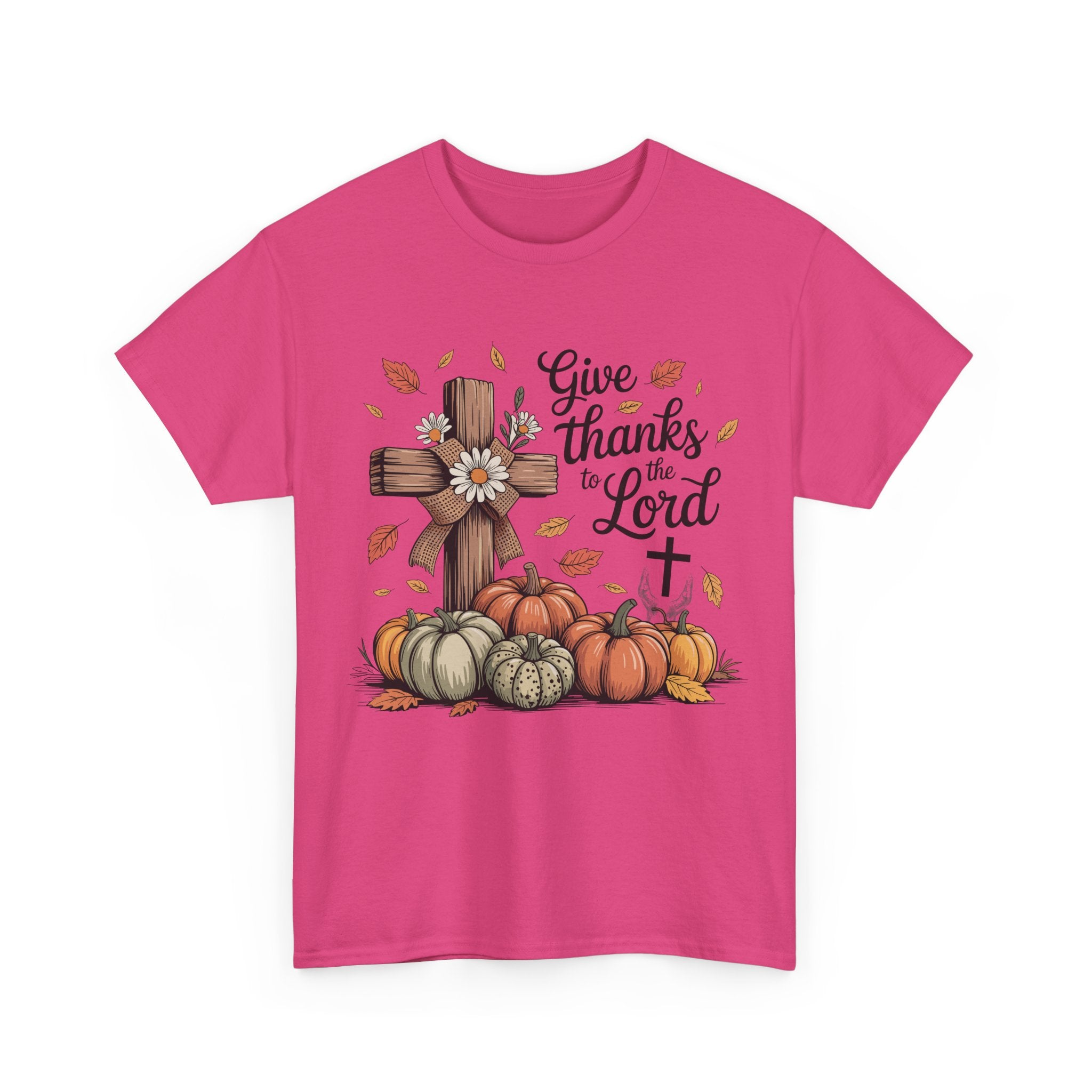 Give Thanks to the Lord Autumn Tee — Wooden Cross, Pumpkins & Daisies..Unisex Cotton Tee