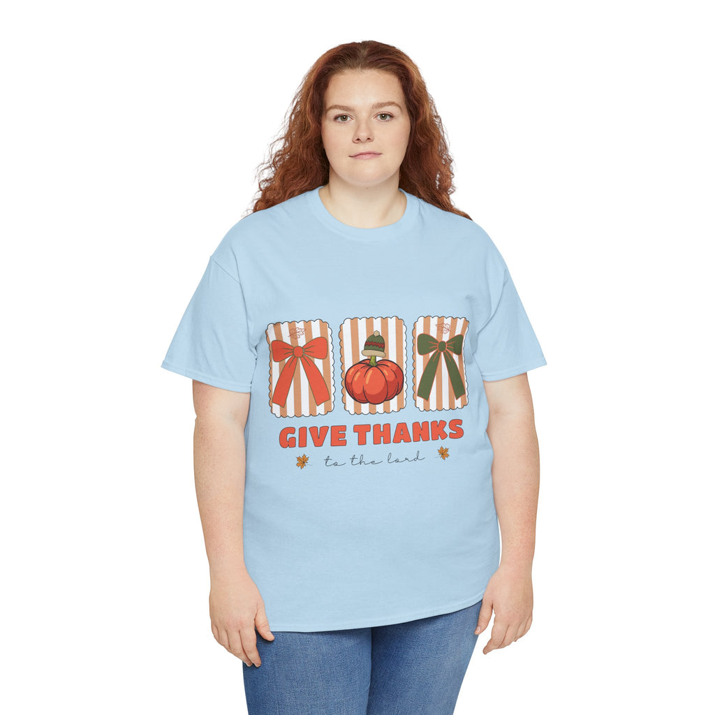 Give Thanks Thanksgiving T-Shirt — Pumpkin with Hat & Bows Unisex Cotton Tee