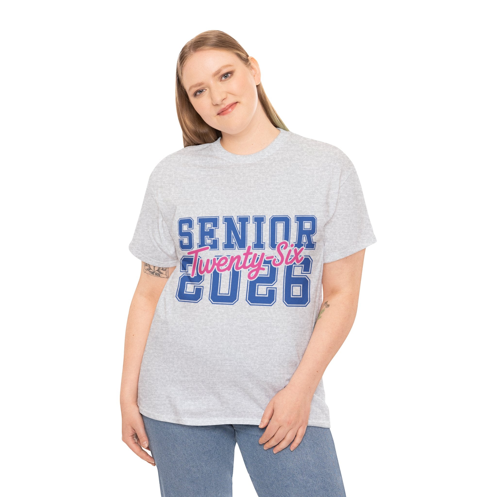 Senior 2026 Tee — Pink Varsity Block with Blue Script Overlay Unisex Cotton Tee
