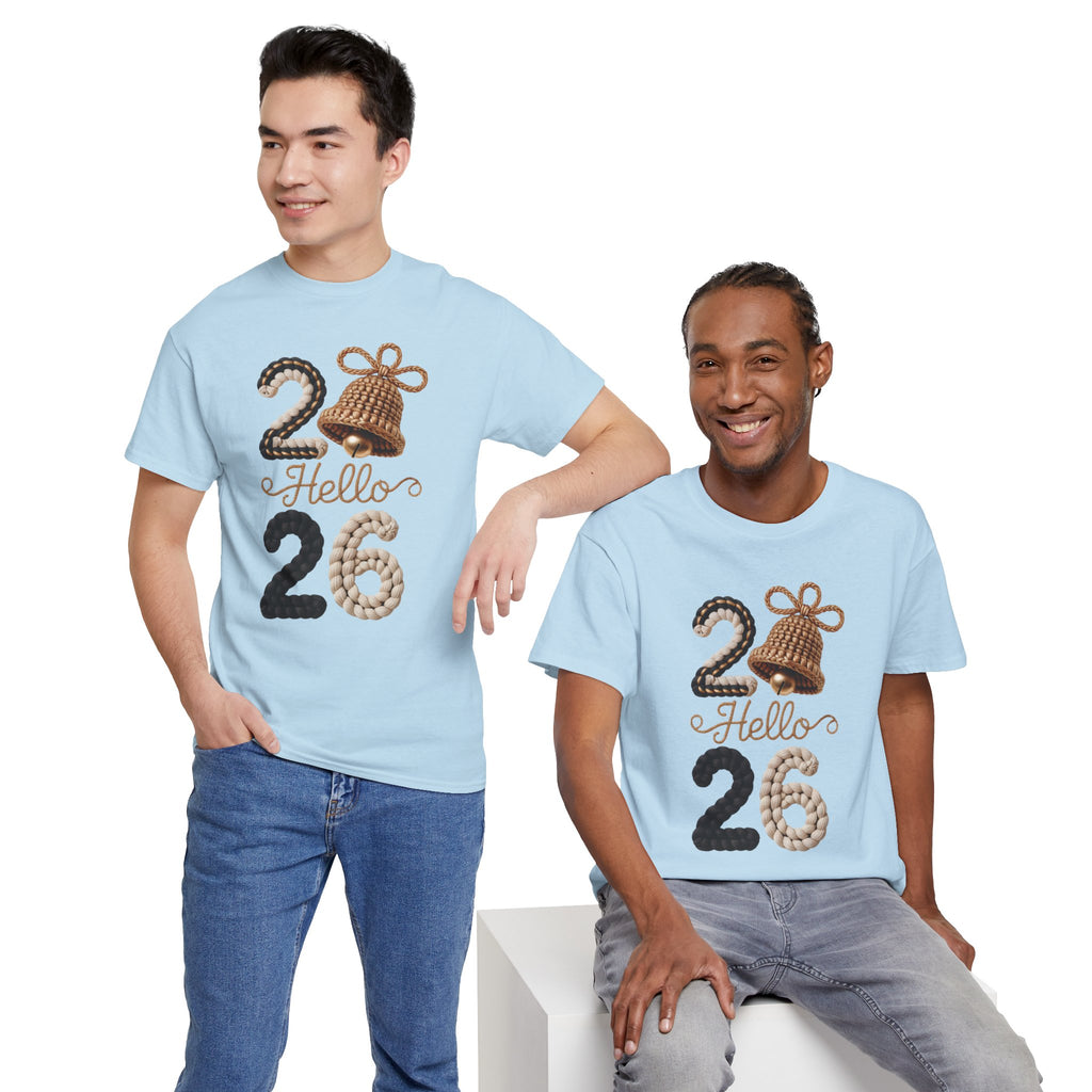 Hello 2026 Tee — Cozy Faux Yarn Braided Numbers with Woven Golden Bell..Unisex Cotton Tee