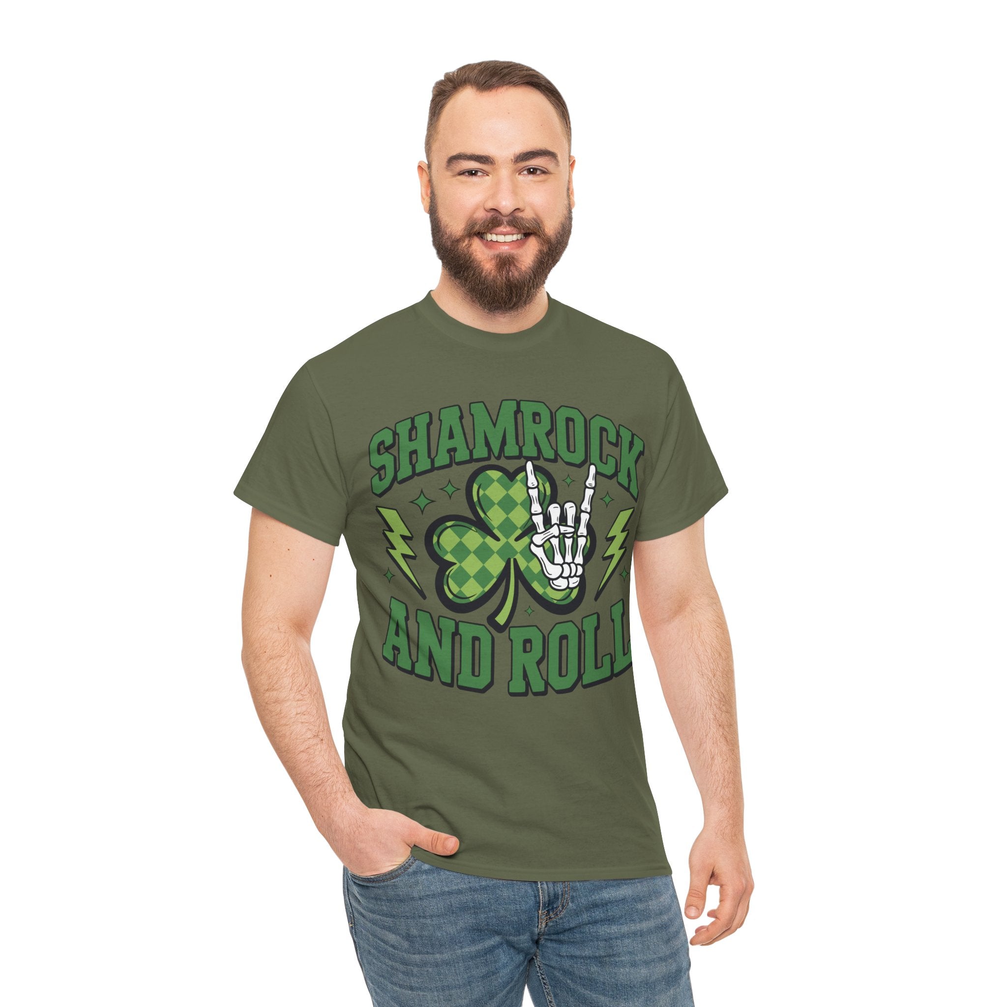 Shamrock and Roll Tee — Skeleton Hand & Lightning St. Patrick’s Rock Unisex Cotton Shirt