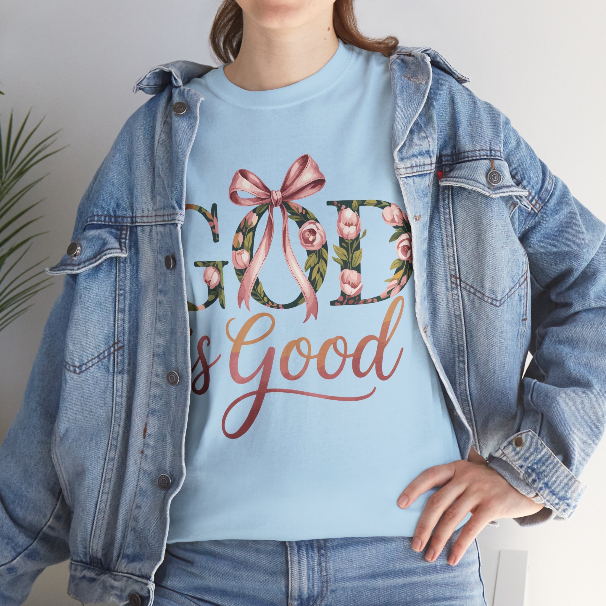 God Is Good Pink Rose Tee — Floral Ribbon Faith Unisex Cotton T-Shirt
