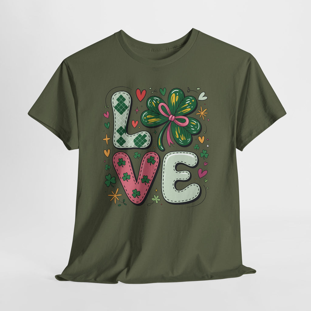 Stitched Clover 'LOVE' Tee — Heart & Patchwork St. Patrick's Unisex Cotton T-Shirt
