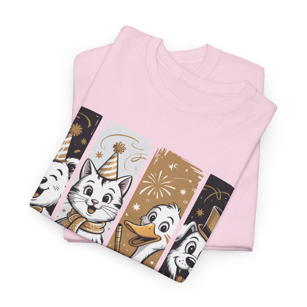 Happy New Year Party Animals T-Shirt — Cute Smiling Animals in Party Hats & Gold Fireworks..Unisex Cotton Tee