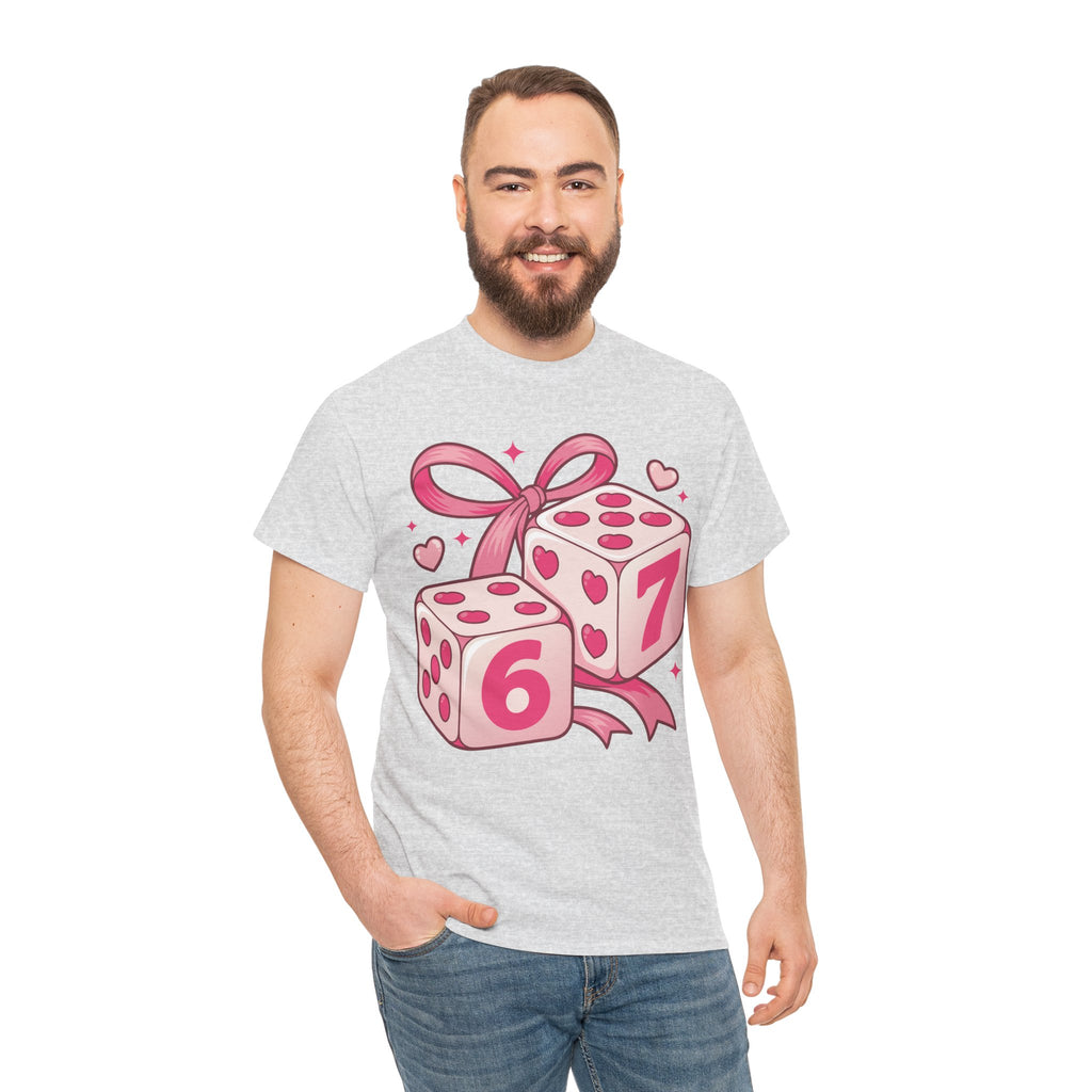 Lucky Love Dice T-Shirt — Pink Heart Dice with Bow..Unisex Cotton Tee