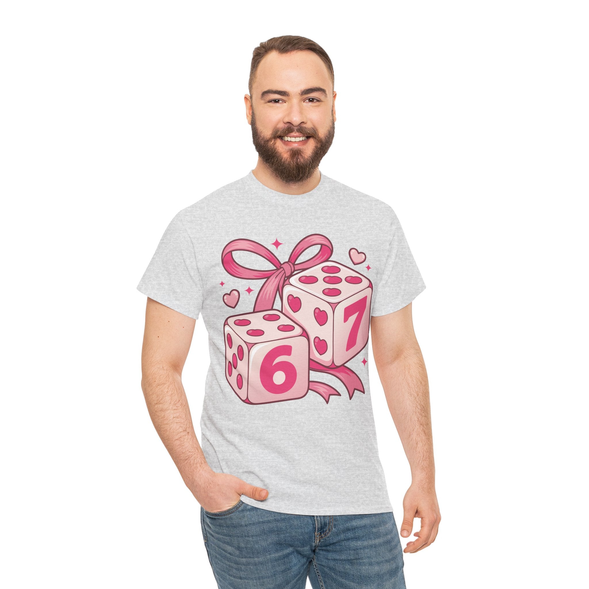 Lucky Love Dice T-Shirt — Pink Heart Dice with Bow..Unisex Cotton Tee