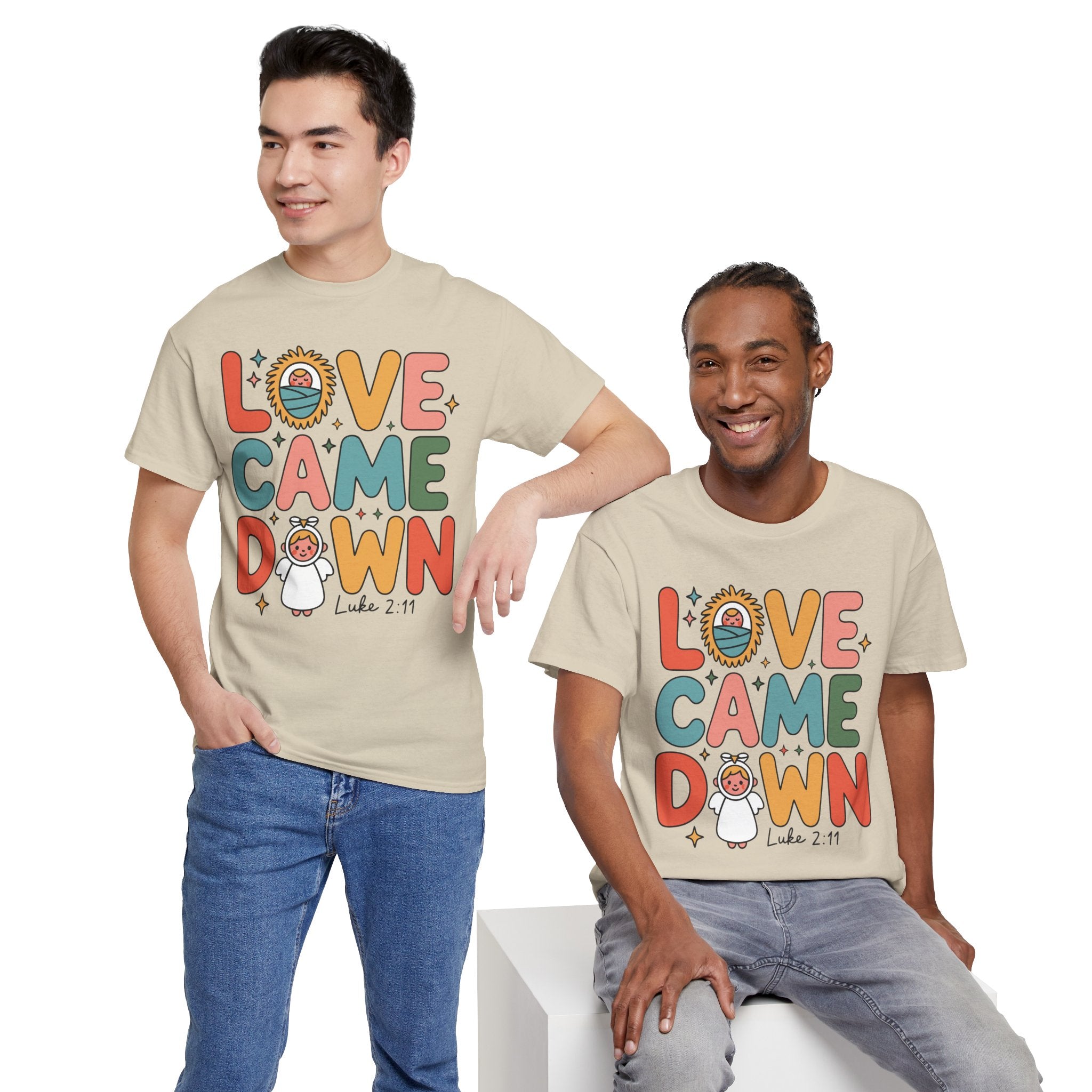 Love Came Down Christmas Tee — Baby Jesus Manger Angel (Luke 2:11)..Unisex Cotton Tee