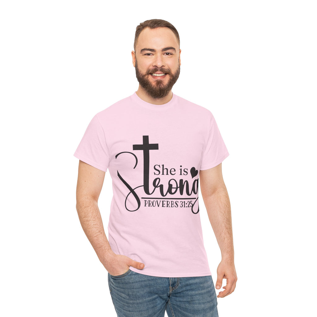 Proverbs 31:25 'She is Strong' T-Shirt – Christian Cross & Heart Unisex Cotton Tee