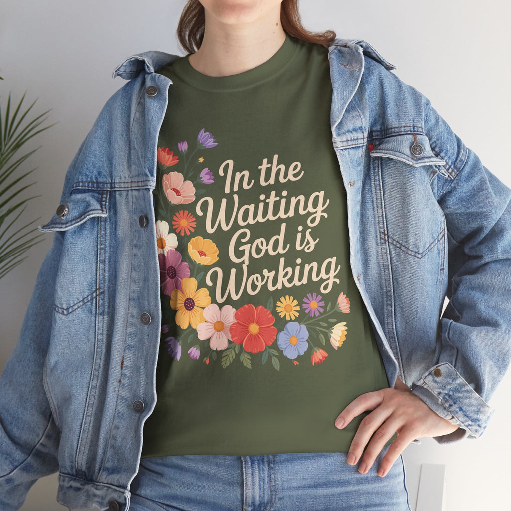 Pastel Floral “In the Waiting God Is Working” Unisex Cotton T-Shirt