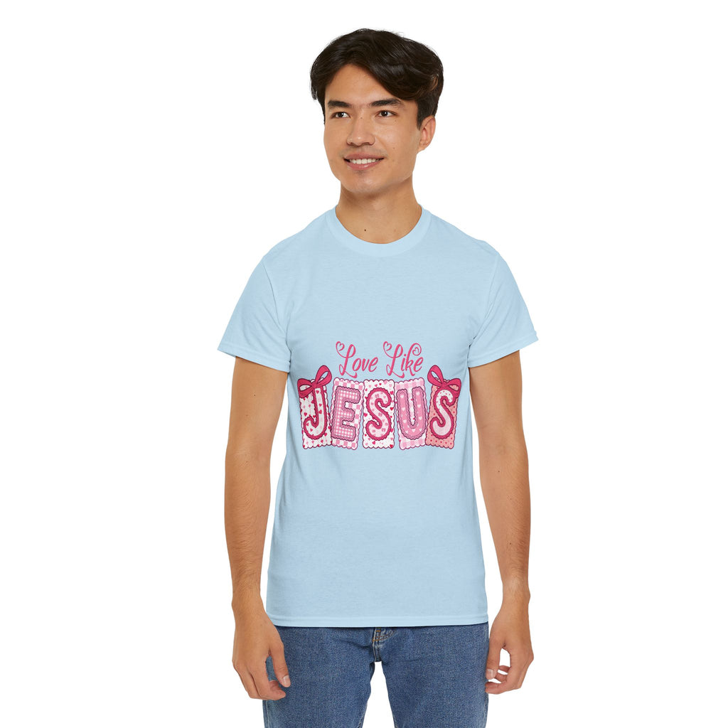Love Like Jesus Patchwork Tee — Pink Stitched Heart Graphic.Unisex Cotton Tee