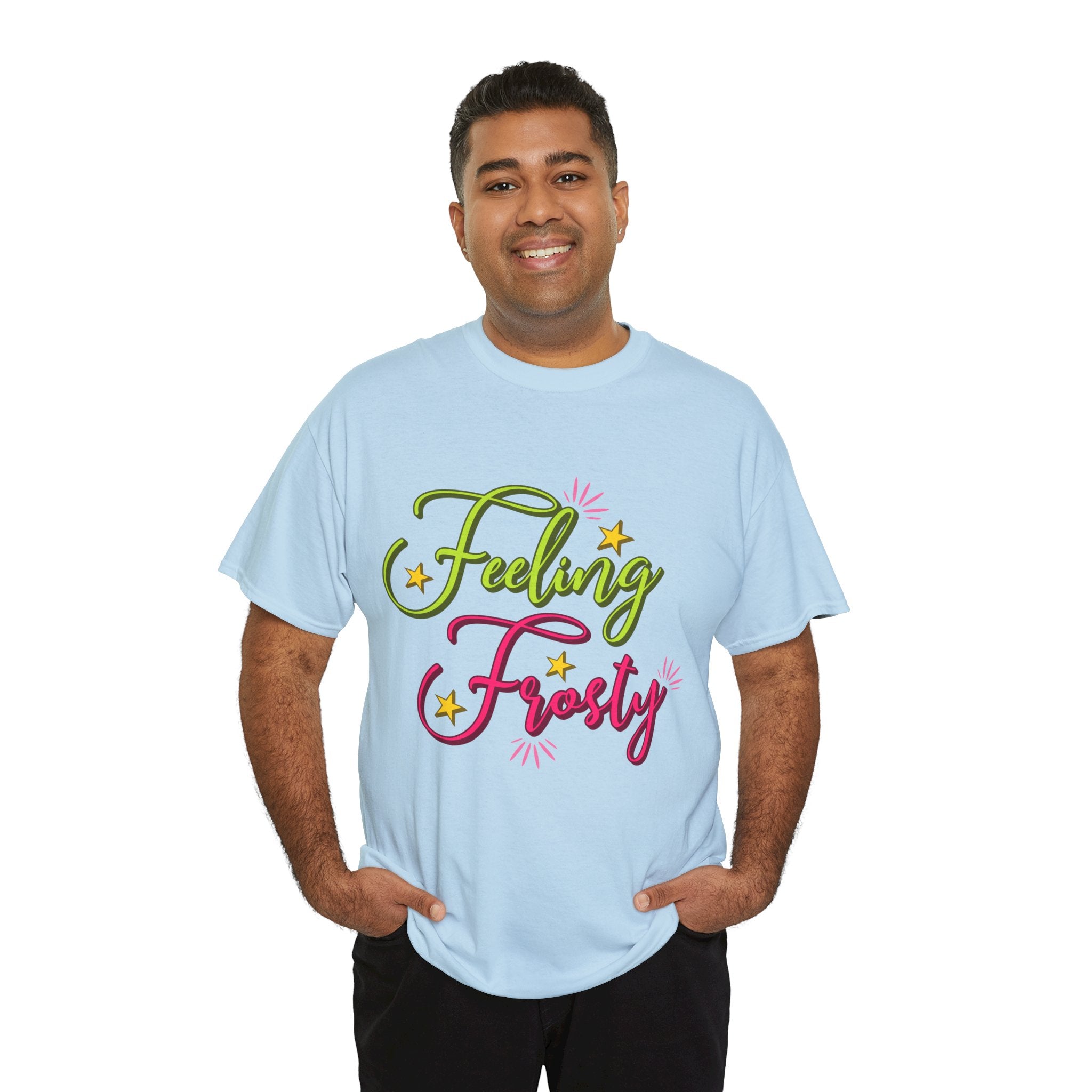 Feeling Frosty Holiday T-Shirt — Green & Pink Script Stars.Unisex Cotton Tee
