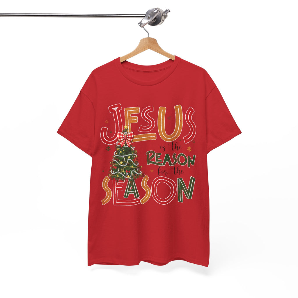 Jesus Is the Reason for the Season Christmas T-Shirt — Plaid Bow Tree..Unisex Cotton Tee