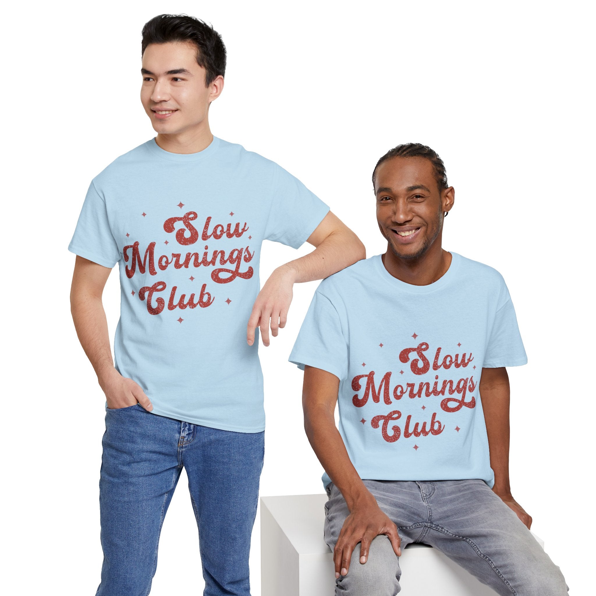 Slow Mornings Club T-Shirt — Retro Red Sparkle Unisex Cotton Tee