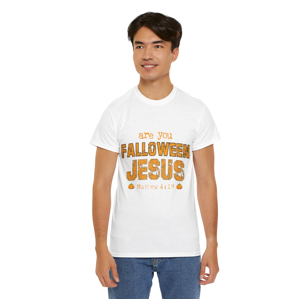 Christian Halloween T-Shirt — “Are You Falloween Jesus? Matthew 4:19” Distressed Pumpkin Design. Unisex Cotton Tee