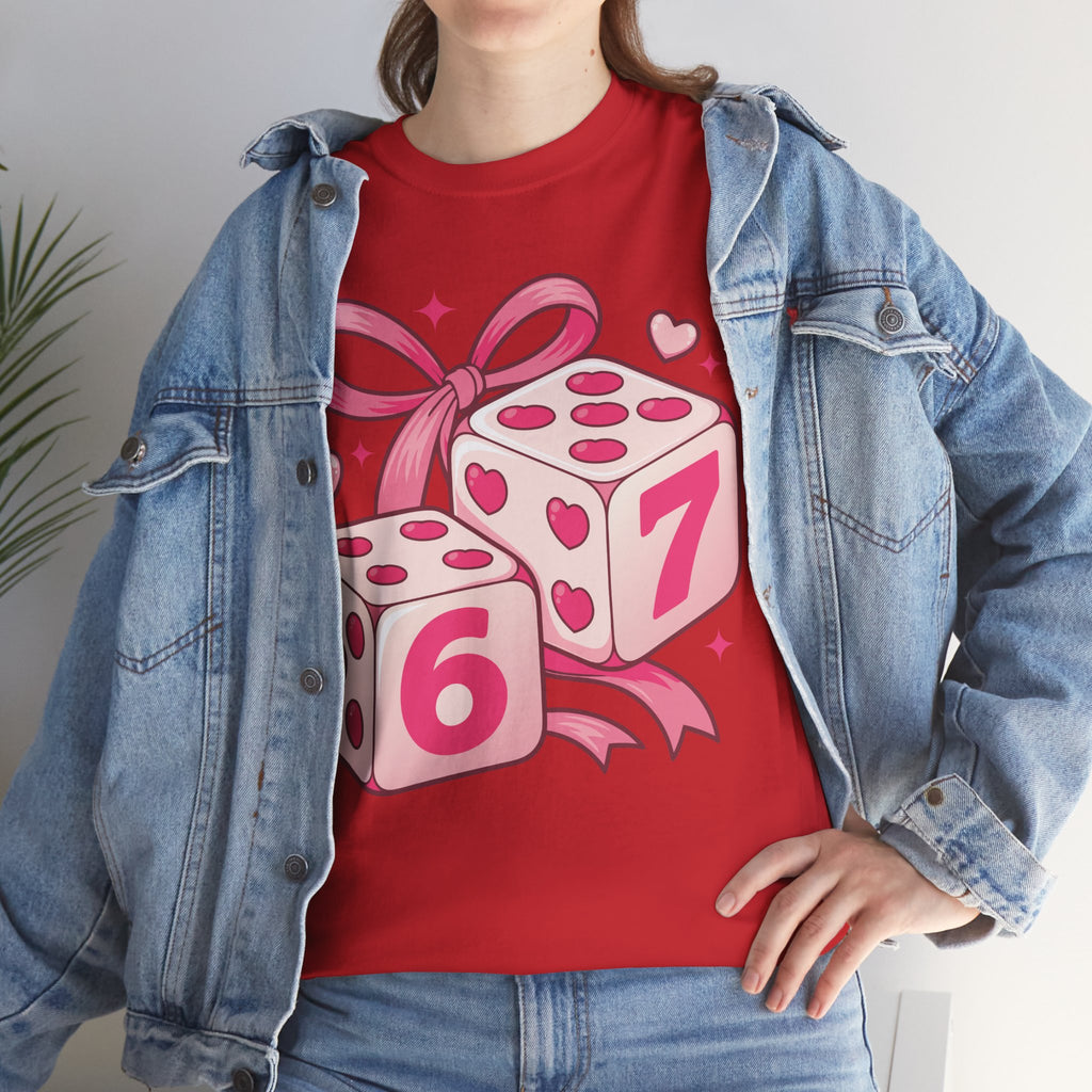 Lucky Love Dice T-Shirt — Pink Heart Dice with Bow..Unisex Cotton Tee