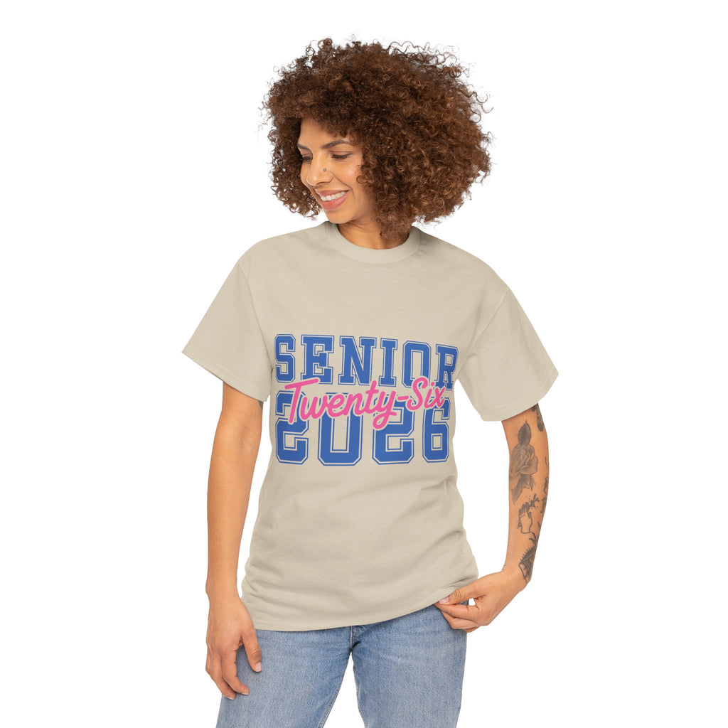 Senior 2026 Tee — Pink Varsity Block with Blue Script Overlay Unisex Cotton Tee