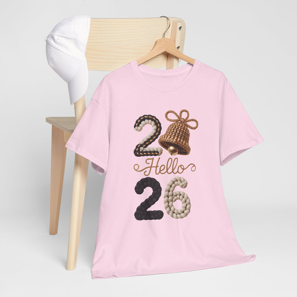 Hello 2026 Tee — Cozy Faux Yarn Braided Numbers with Woven Golden Bell..Unisex Cotton Tee