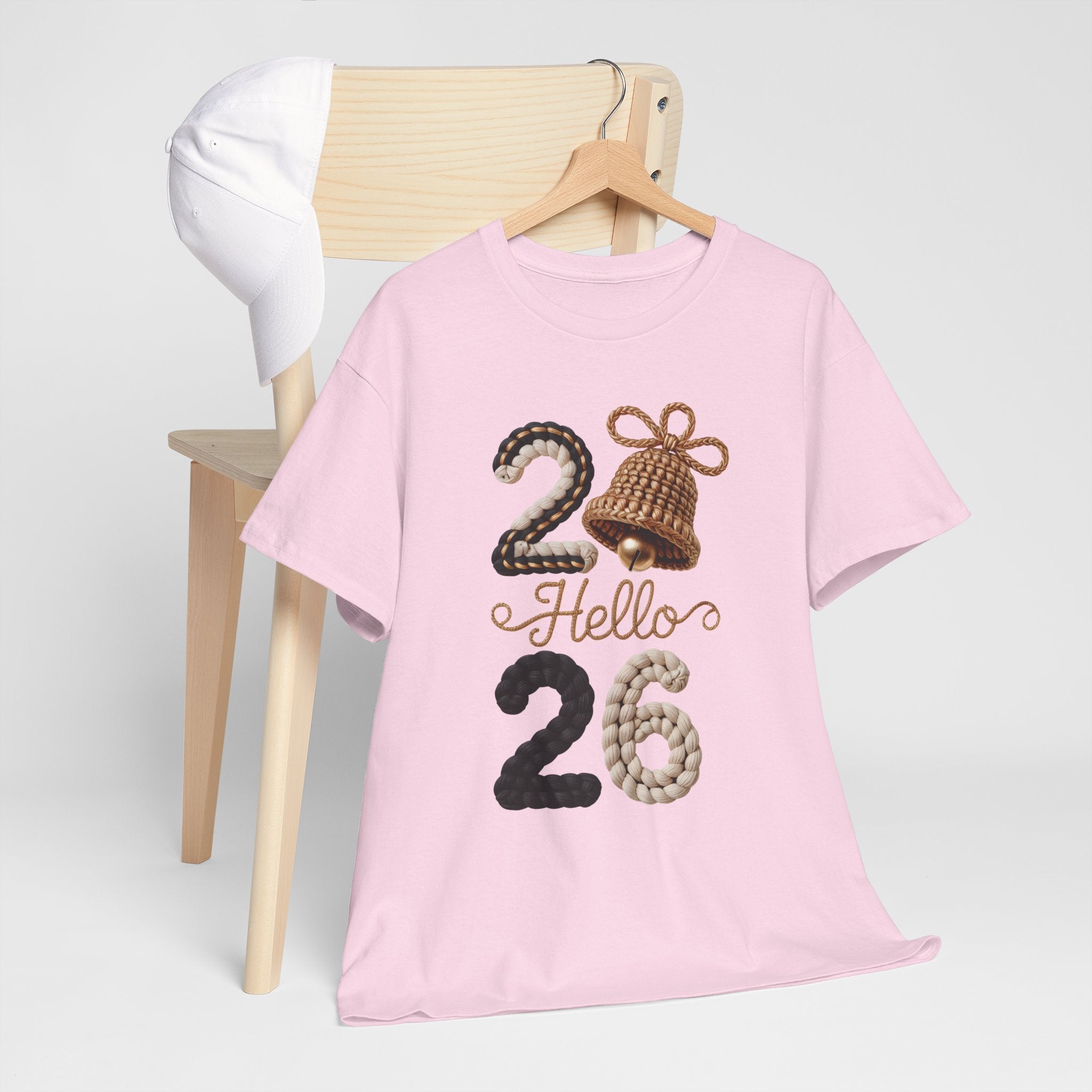 Hello 2026 Tee — Cozy Faux Yarn Braided Numbers with Woven Golden Bell..Unisex Cotton Tee